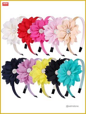10 Pc Chiffon Floral Bow Headbands for Girls with Rhinestone